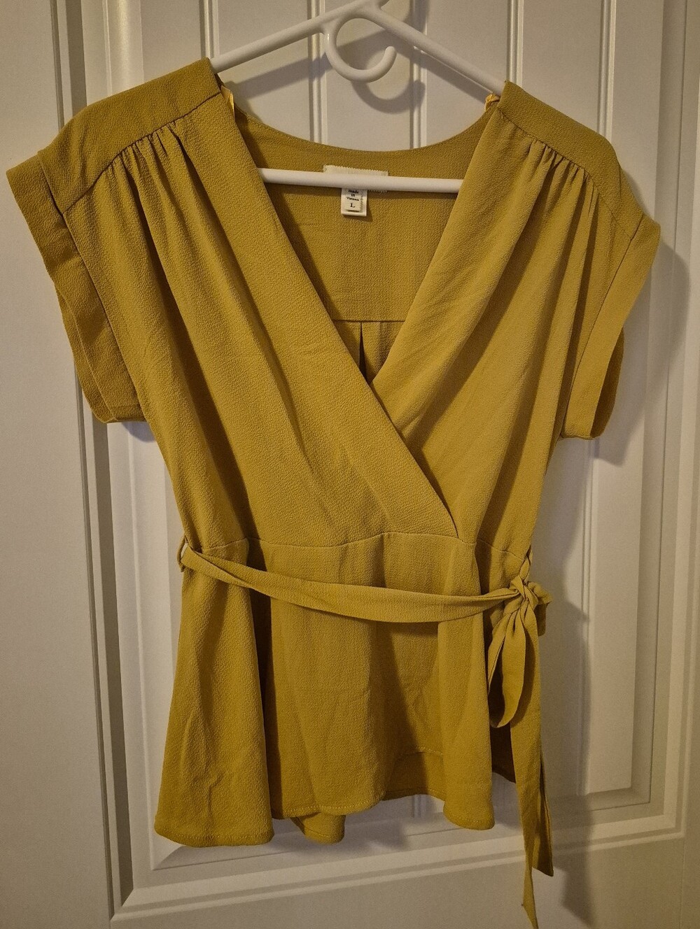 Monteau Mustard Yellow Wrap Short-Sleeve Blouse